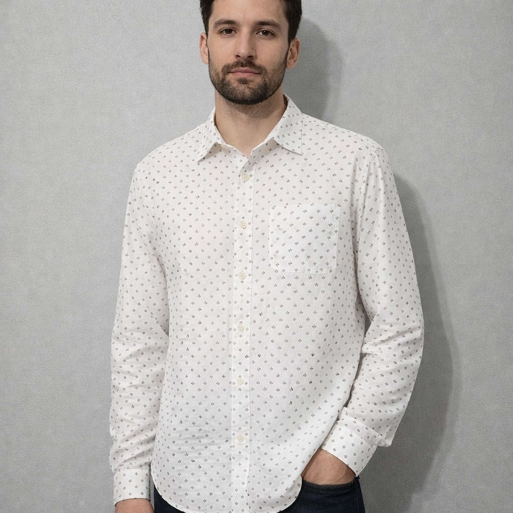 American Eagle White Button Down Shirt Long Sleeve Geometric‎ Print Size Large